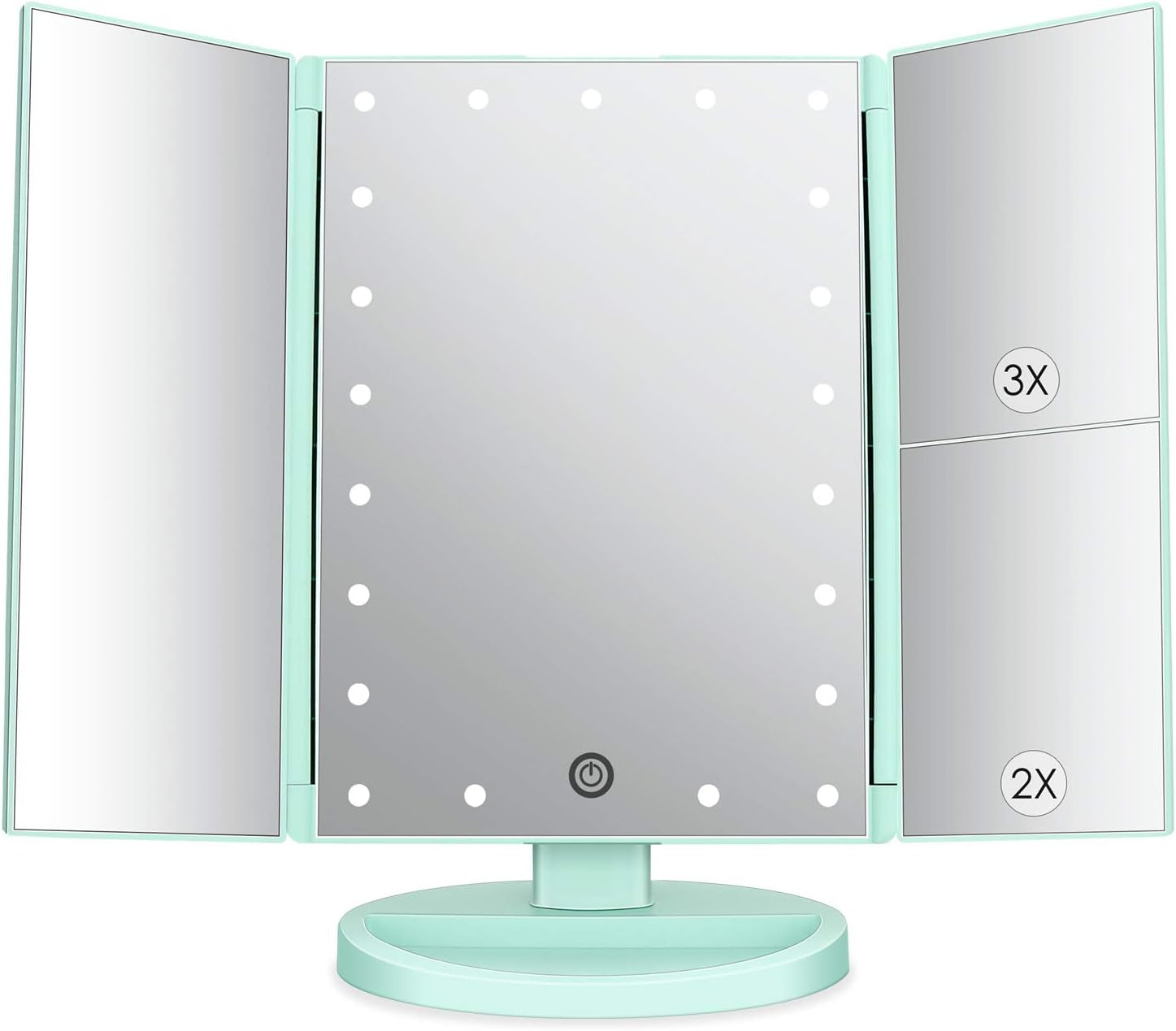 Dresser Mount Tri-Fold Lighted Vanity Mirror with 21 LED Lights, Touch Screen and 3X/2X/1X Magnification, Two Power Supply Modes Make up Mirror,Travel Mirror