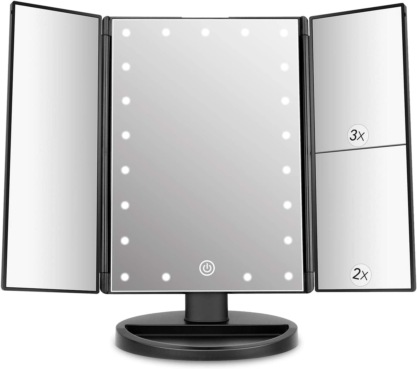 Dresser Mount Tri-Fold Lighted Vanity Mirror with 21 LED Lights, Touch Screen and 3X/2X/1X Magnification, Two Power Supply Modes Make up Mirror,Travel Mirror