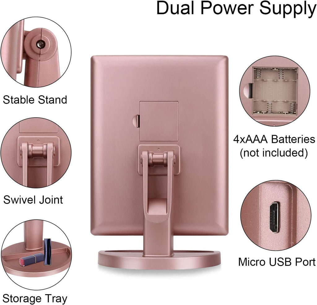 Dresser Mount Tri-Fold Lighted Vanity Mirror with 21 LED Lights, Touch Screen and 3X/2X/1X Magnification, Two Power Supply Modes Make up Mirror,Travel Mirror