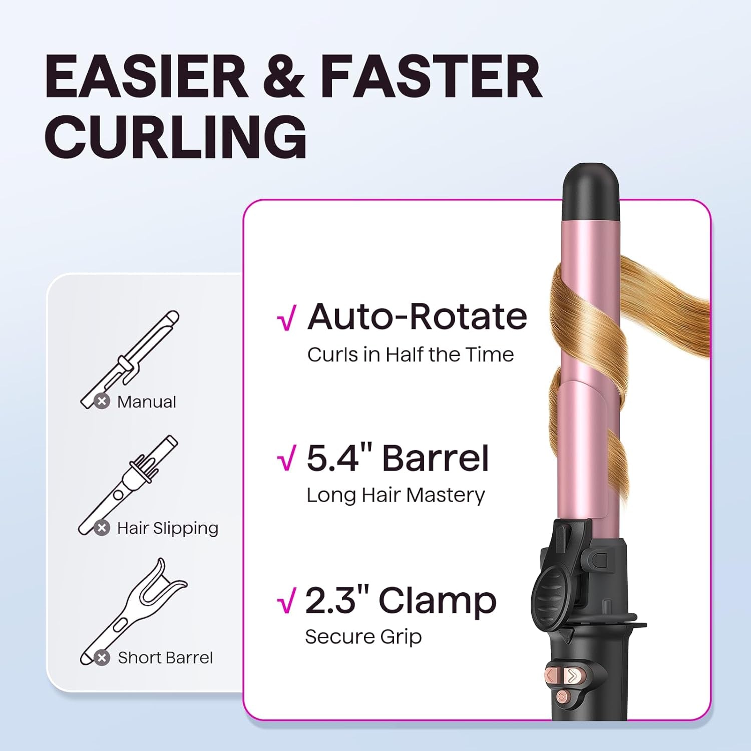 Rotating Curling Iron, Curl Cycle, 1 Inch Automatic Curling Wand for Long Hair, Get Effortless Beach Waves with Self Spinning Barrel up to 430°F with Home Button, Dual Voltage, Rose Gold