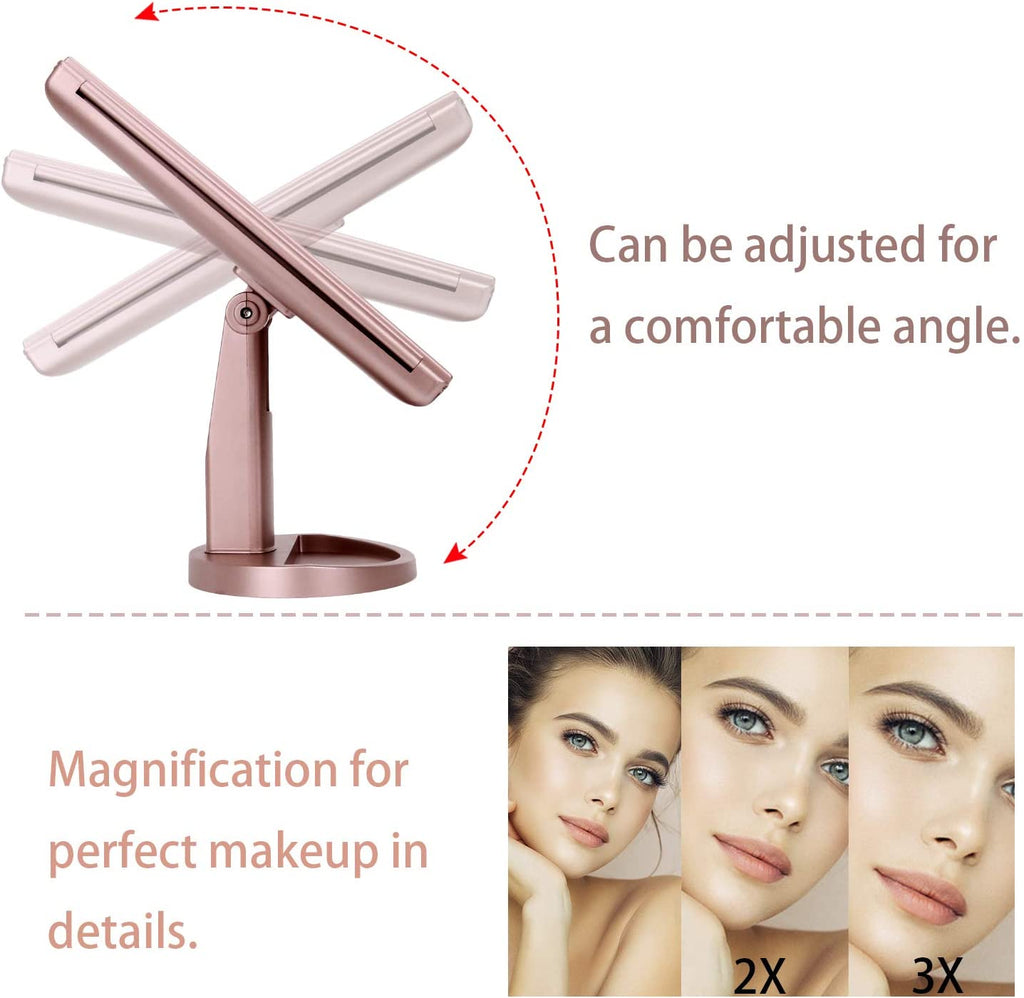 Dresser Mount Tri-Fold Lighted Vanity Mirror with 21 LED Lights, Touch Screen and 3X/2X/1X Magnification, Two Power Supply Modes Make up Mirror,Travel Mirror