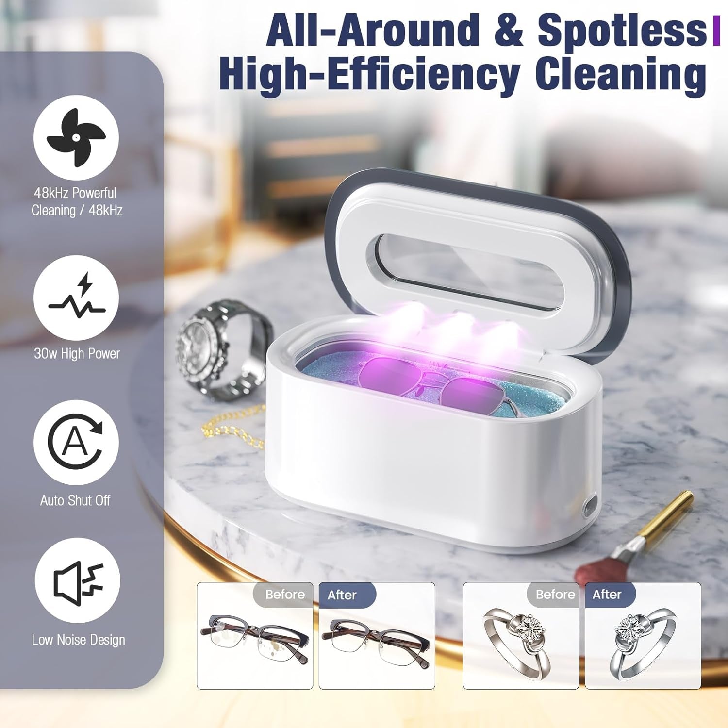 Ultrasonic Jewelry Cleaner, 48Khz Professional Jewelry Cleaner Ultrasonic Machine with Digital Timer, 30W Ultrasonic Cleaner for Necklaces, Eyeglasses, Rings, Dentures, Watch Strap