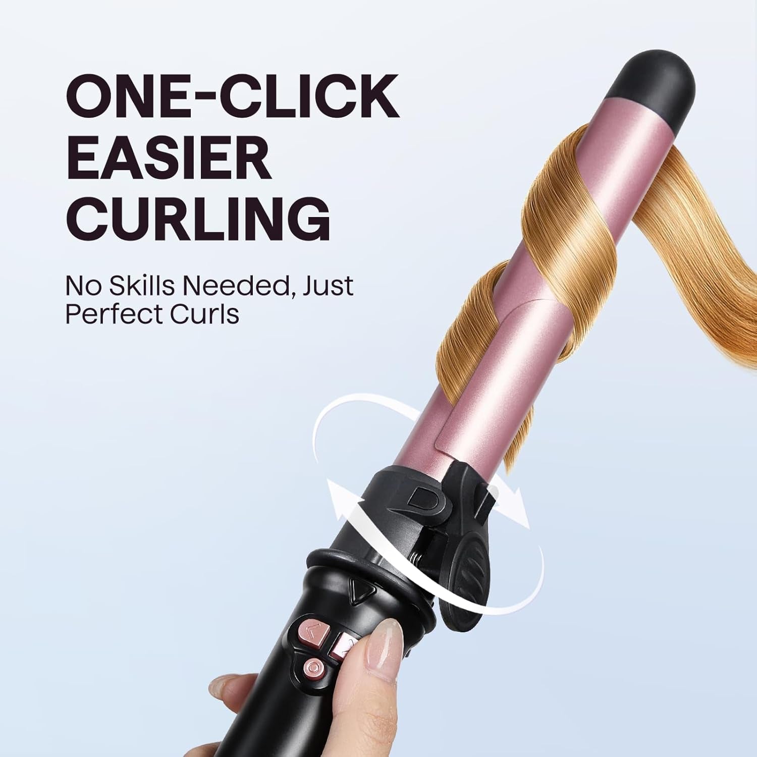 Rotating Curling Iron, Curl Cycle, 1 Inch Automatic Curling Wand for Long Hair, Get Effortless Beach Waves with Self Spinning Barrel up to 430°F with Home Button, Dual Voltage, Rose Gold