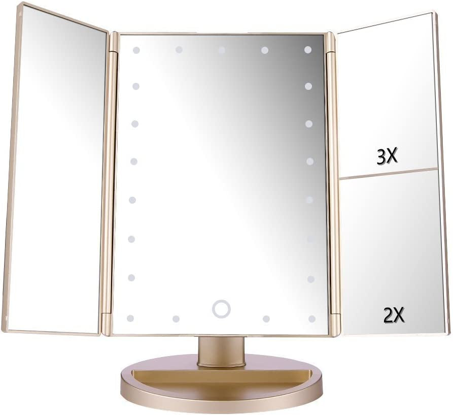 Dresser Mount Tri-Fold Lighted Vanity Mirror with 21 LED Lights, Touch Screen and 3X/2X/1X Magnification, Two Power Supply Modes Make up Mirror,Travel Mirror